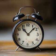 Naklejka premium Vintage Black Alarm Clock on Wooden Surface