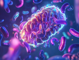 Obraz premium Colorful microscopic view of bacteria illustrating cellular structures and life.