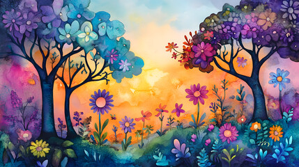 A beautiful forest scene with trees in full bloom, surrounded by soft, colorful light.