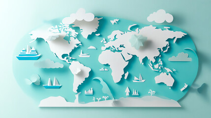 Colorful paper cutout world map with boats and clouds, perfect for travel themes.