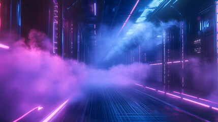 Futuristic glowing lights illuminating a dark, mysterious space.