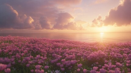 A field of pink 'Magic Carpet' flowers overlooking the Pacific Ocean, with dramatic clouds and golden-hour light