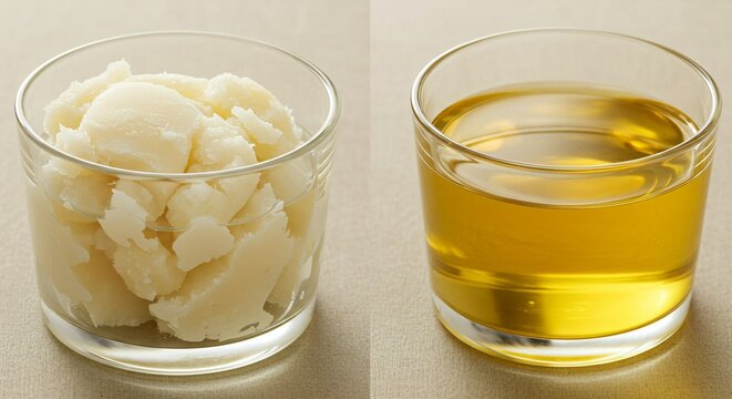 Comparison of beef tallow and seed oil in clear containers