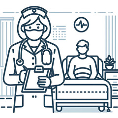 Nurse and Patient in Hospital Bedroom - Healthcare and Medical Assistance in Line Art Illustration