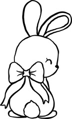 Cute Coquette Bunny with Bow Cartoon Outline Doodle