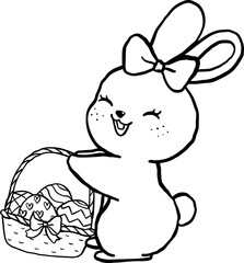 Fototapeta premium Cute Pastel Bunny with Easter Eggs Basket Cartoon Outline Doodle