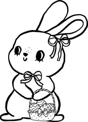 Cute Coquette Bunny with Easter Eggs Basket Cartoon Outline Doodle