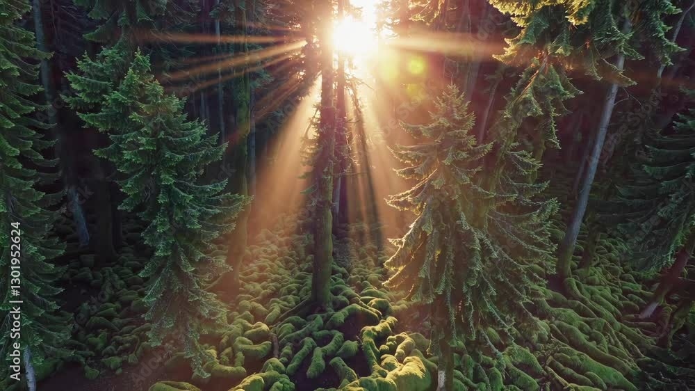 Poster sunbeams filtering through dense pine forest with vibrant moss, tranquility concept