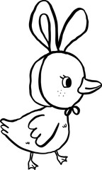 Cute Easter Chick wear Bunny Ears Cartoon Outline Doodle