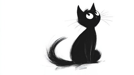 Obraz premium A sleek, black-and-white feline graces the canvas with its elegant simplicity. Its flowing tail stretches gracefully across, showcasing an artistic blend of line and form in hand-drawn style. 