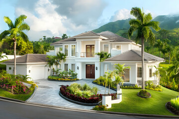 Fototapeta premium Photo Tropical Luxury Home Estate Palm Trees Landscape Architecture Design