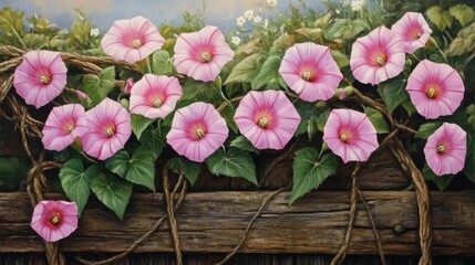 Obraz premium Pink morning glory flowers entwined around a wooden fence, creating a beautiful natural scene