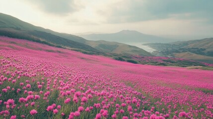 Fototapeta premium Vibrant Pink Flower Field with Rolling Hills and Coastal View