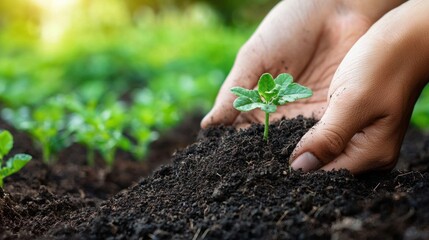 Hands planting a young seedling in rich soil.