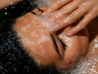 Fototapeta premium Photo, Beauty, Skincare, Wellness, Face, Bubbles, Water, Hygiene, Skin, Spa, Close Up