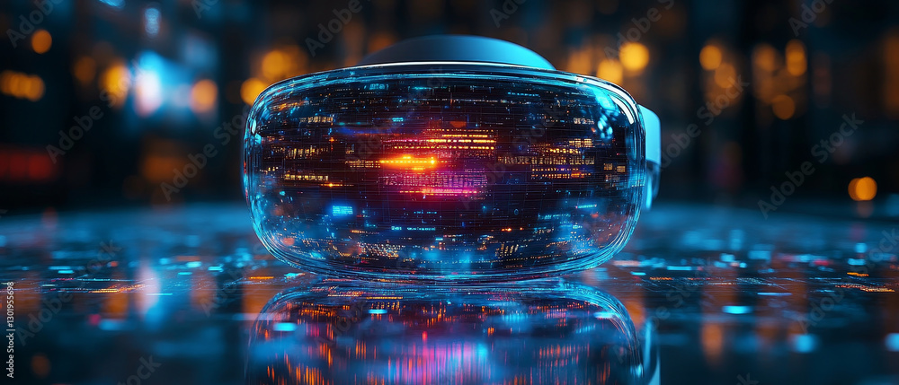 Poster augmented reality headset displaying holographic interface in futuristic setting
