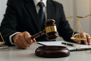 Professional Judge Or Lawyer At Desk With Gavel And Legal Tools
