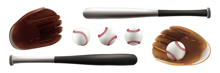 Bat, ball and glove baseball clipart. 3d player equipment vector set. Vintage isolated team logo mockup. Wooden steel stick, white softball, leather mitt base element texture. Pitcher sweepstakes tool