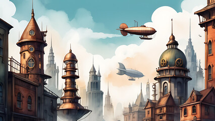 Airships Flying Over a Steampunk Cityscape with Unique Architecture Style