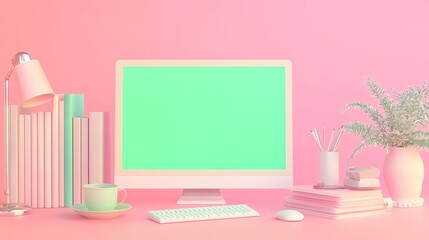 Modern Workspace With Pastel Colors and Minimalistic Design Featuring a Green Screen Monitor and Decorative Elements
