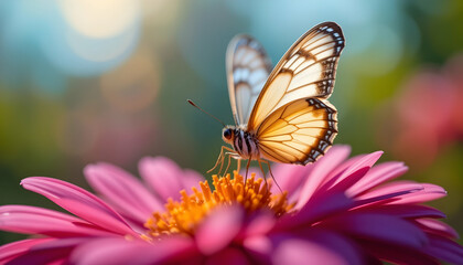 Obraz premium Butterfly Feeding on Pink Flower in Garden Close-up Beautiful Insect