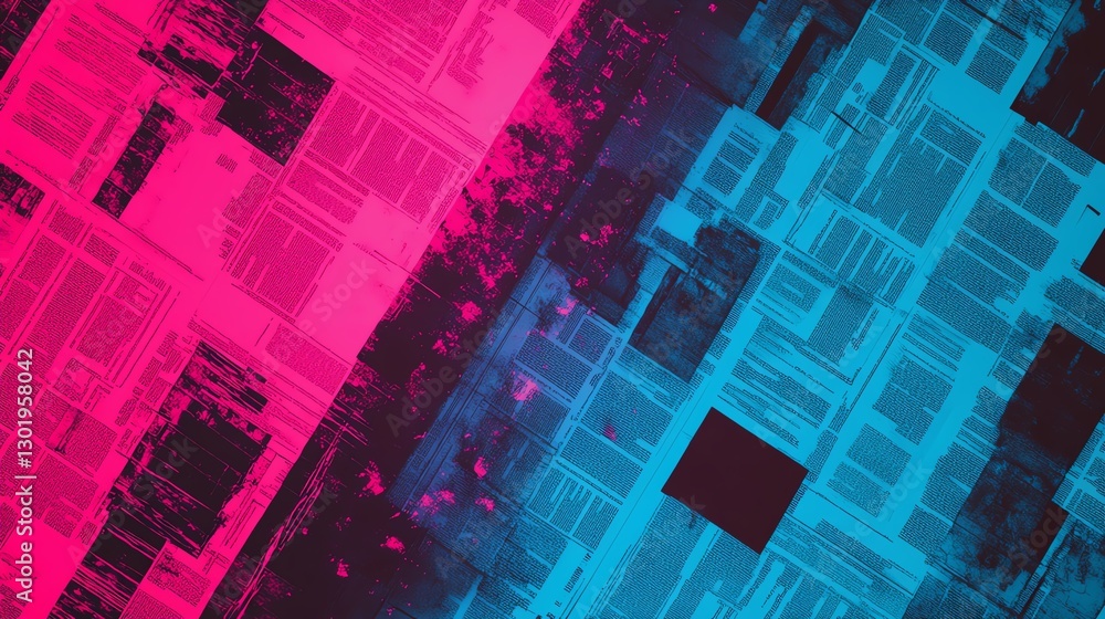 Poster abstract digital art featuring bright pink and blue patterns with intricate lines and textures on a 