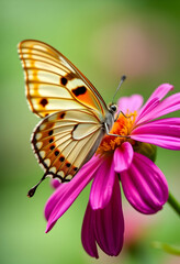 Naklejka premium Butterfly Resting on Bright Pink Flower in Garden Setting