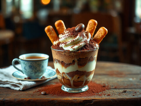 Schokoladiges Dessert mit Kaffee und Keksen