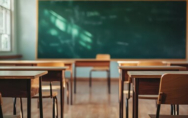 Empty Classroom with Wooden Desks and Blackboard in Soft Light