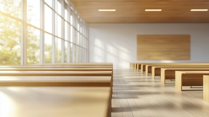 Modern Classroom Interior with Wooden Benches and Bright Windows