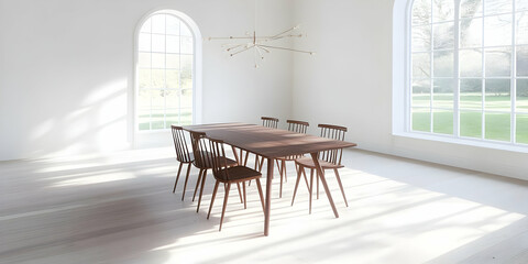 Illustration - Dining Room Interior, Wood Table, Chairs, White Walls