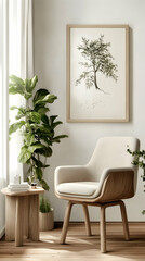 Fototapeta premium Illustration - Cozy Minimalist Interior Design with Wooden Chair, Tree Art, and Houseplants