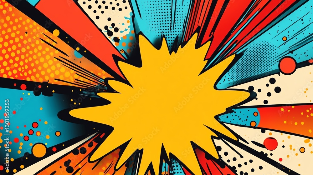 Poster dynamic comic style explosion graphic featuring vivid colors and dynamic lines created in a contempo