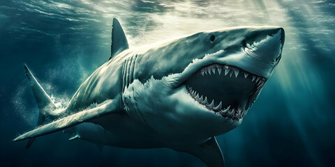 Naklejka premium 3D Illustration Great White Shark Underwater Jaws Teeth Ocean Predator