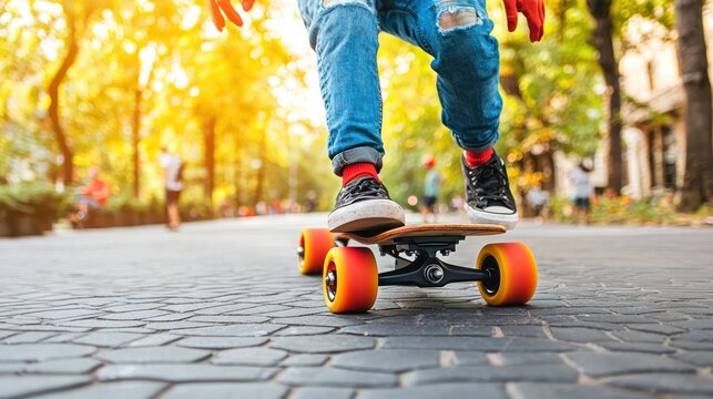 Close-up of person longboarding on paved path in park.