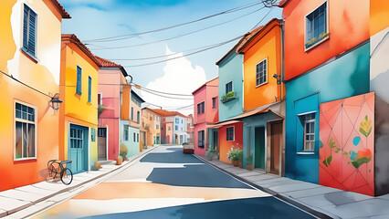 Fototapeta premium Exploring a Charming Colorful Street with Vivid Buildings and Sunny Sky