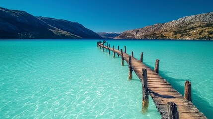 Naklejka premium Serene Lake with Wooden Pier Mountain Scenery Turquoise Water