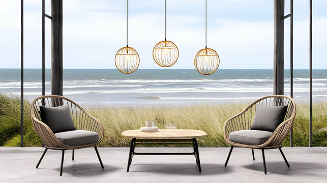 Illustration Relaxing Beach House Ocean View Furniture Decor Tranquil