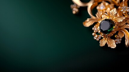 Naklejka premium Elegant Gold Brooch with Green Gemstone Diamond Accents