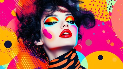 Vibrant Model Showcases Bold Makeup and Colorful Patterns in Artistic Display of Modern Fashion