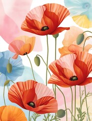 Beautiful watercolor-style digital illustration of vibrant red poppies with delicate translucent petals, set against a soft pastel-colored background, evoking a sense of tranquility, nature, and artis