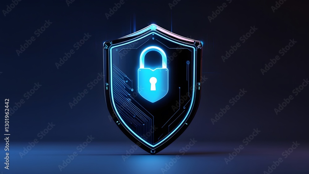 Poster shield of security: a glowing digital shield, emblazoned with a prominent lock icon, represents robu