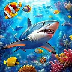 Fototapeta premium Illustration - Shark, Ocean, Coral Reef, Fish, Underwater, Marine Life, Sea, Tropical, Wildlife, Nature
