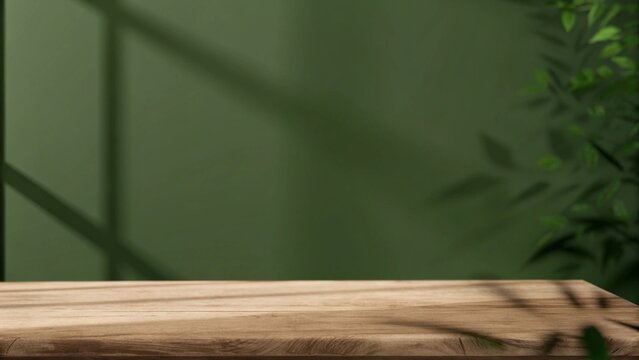 Fototapeta wood table green wall background with sunlight window create leaf shadow on wall with blur indoor green plant foreground.panoramic banner mockup for display of product.eco friendly interior concept  