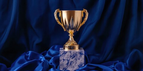 Golden Trophy on Marble Base Against Blue Satin Background