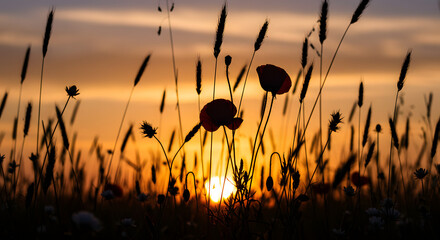 Obraz premium Silhouette of poppies and wheat at golden sunset landscape red sky art on transparent background