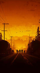 Obraz premium Illustration - Sunset Cityscape Workers Road Industry Trucks
