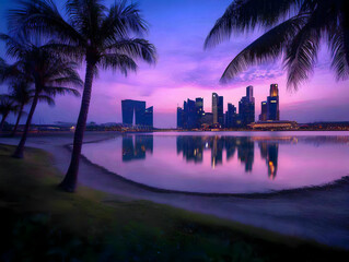 Obraz premium Tropical Cityscape Photo Dusk Skyline Palm Trees Reflection Water