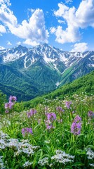 Vibrant spring mountain landscape with majestic peaks and blooms