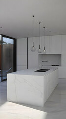 Photo Modern White Kitchen Interior Design Marble Island Pendant Lights